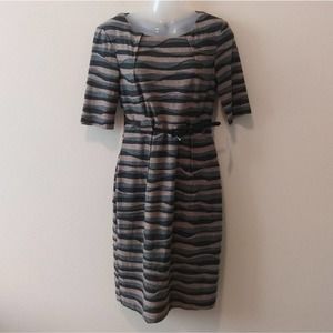 Dressbarn Textured Striped Elbow Sleeve Belted Sheath Dress Size 6